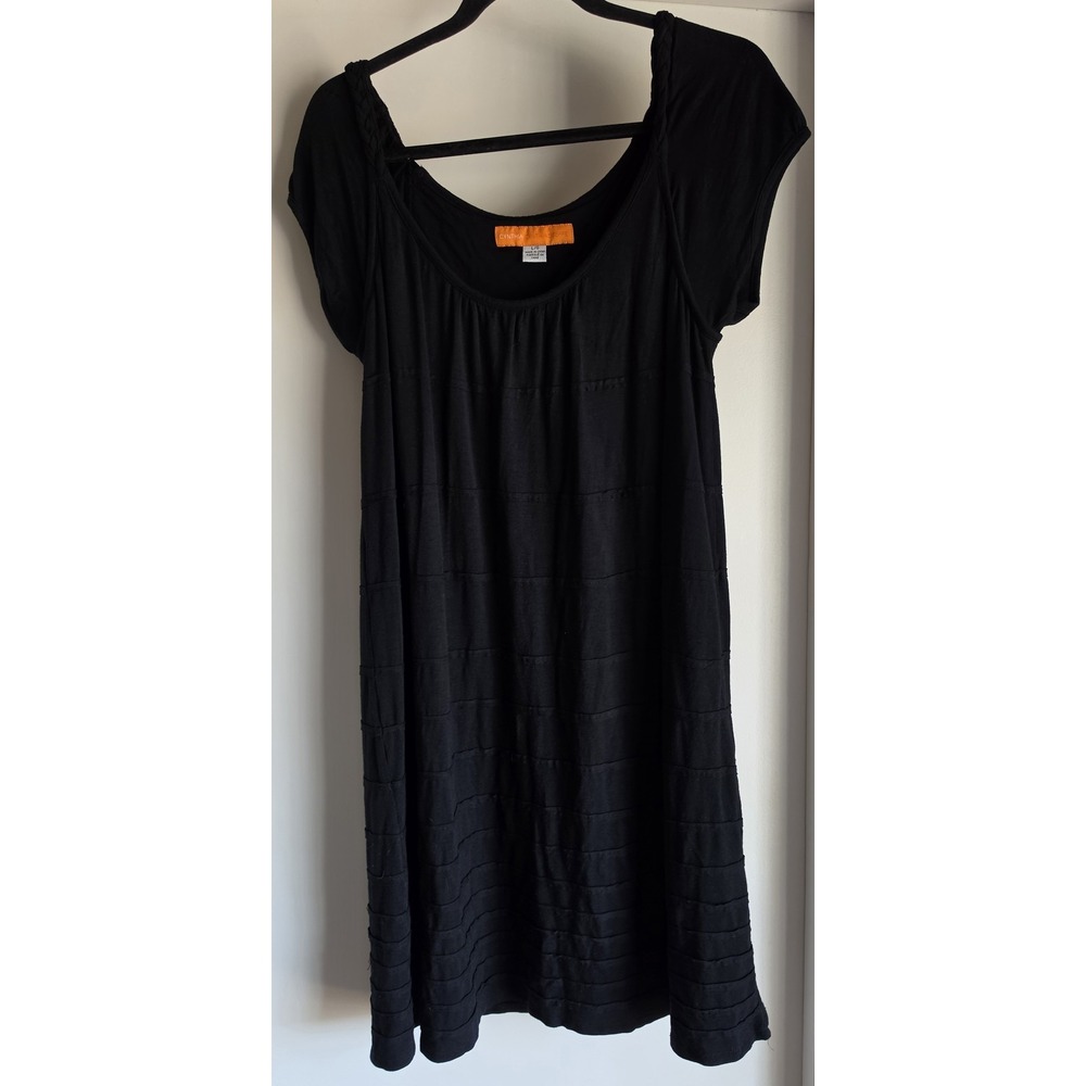 Cynthia Steffe Midi Dress Size L Black Solid Scoop Neck Short Sleeve Sheath LBD